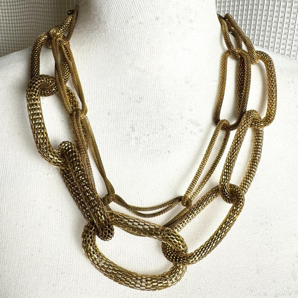 Chunky Mesh Necklace Gold Tone Woven Chain Long Graduated Link Antique Statement